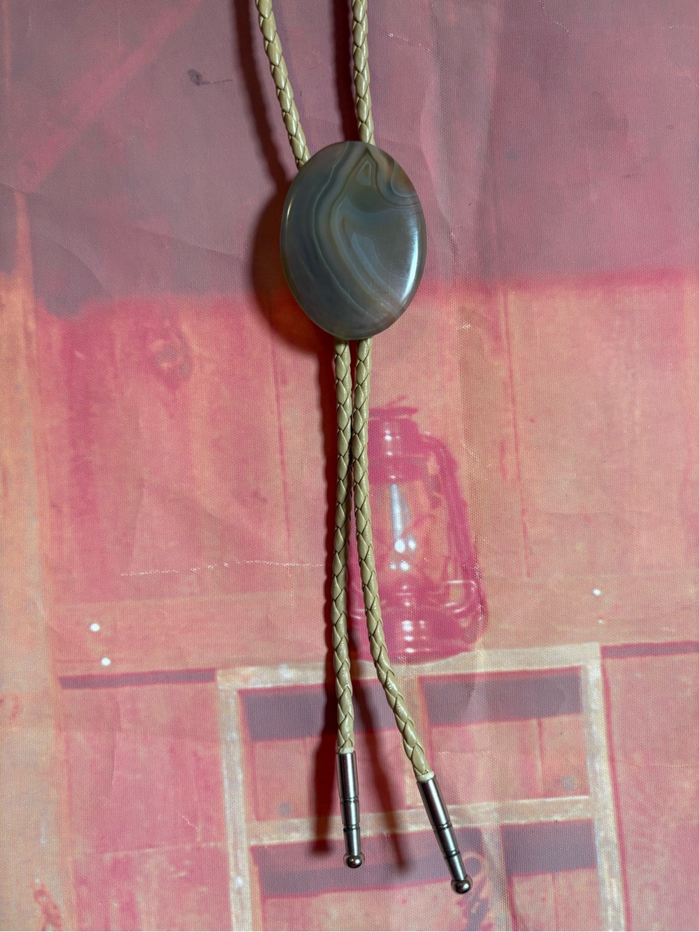 Vintage Gray Banded Agate Bolo Tie | Natural Stone | Cream Cord